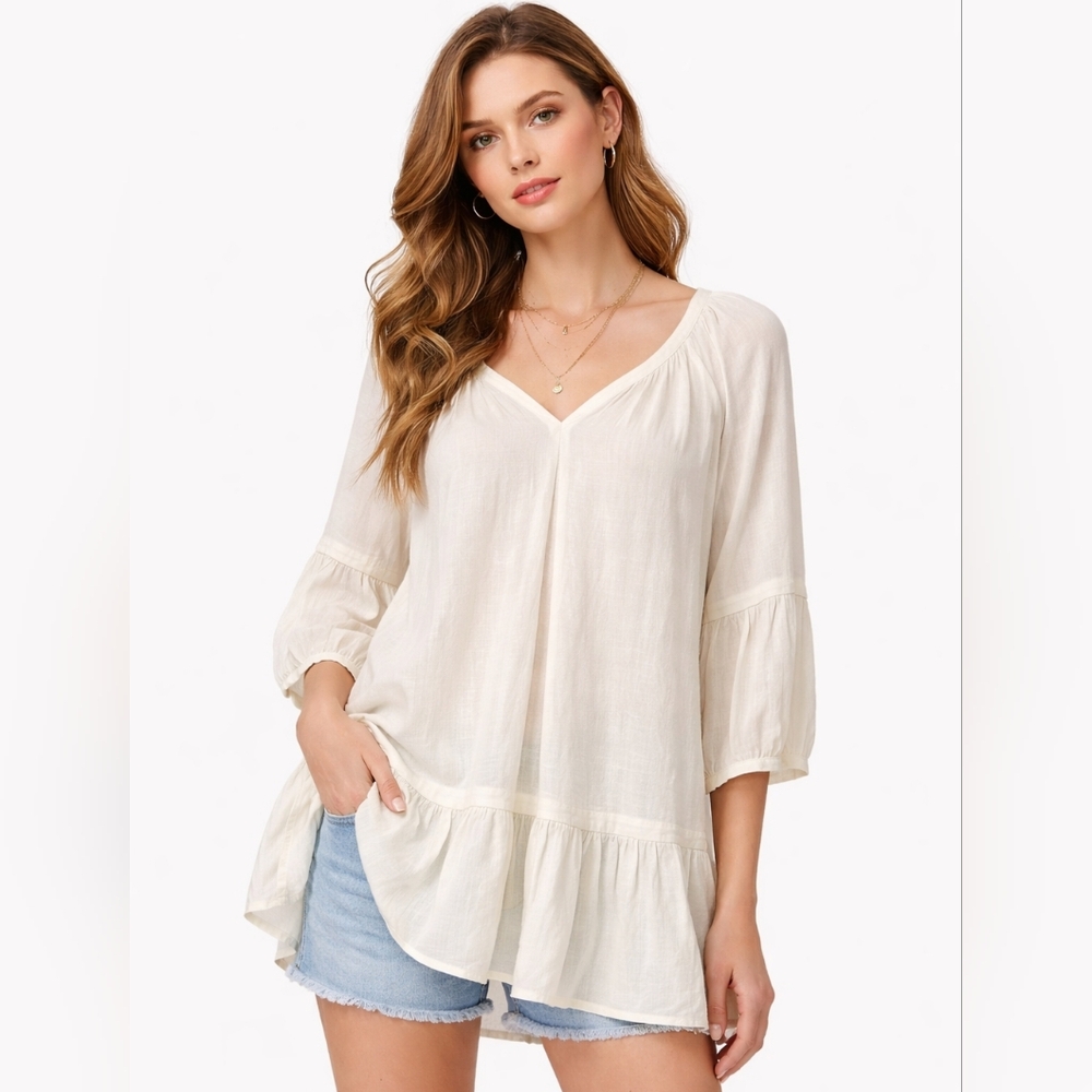 FREE PEOPLE Cotton Gauze Tunic Top Large Ivory Boho Oversized